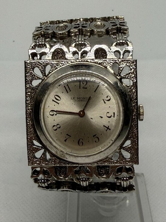 Vintage Le Monde Wind Up Watch Silver Tone Filigree Bracelet Mechanical Wristwat main image 8